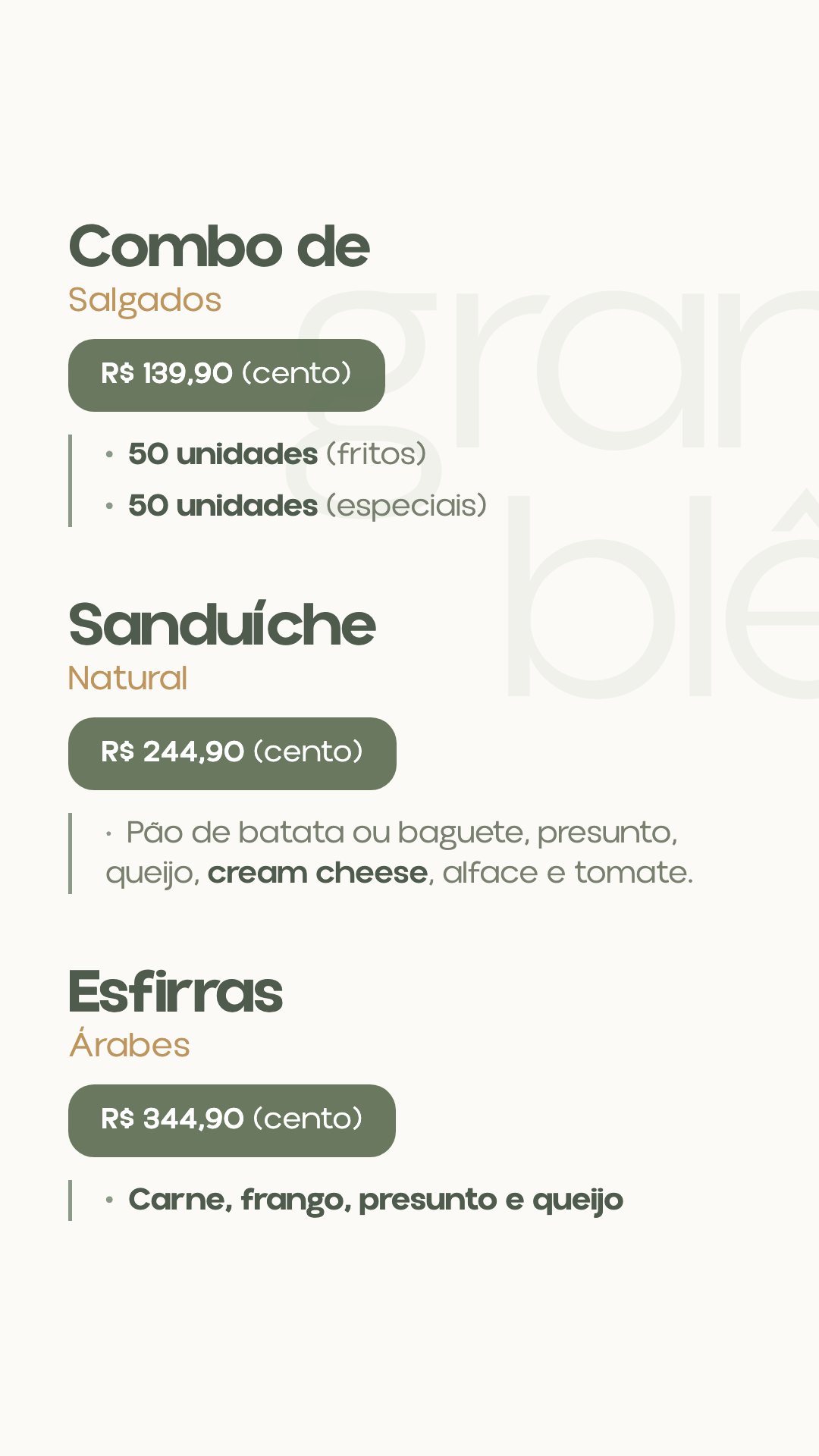 Combo, sanduíche natural e esfirras árabes